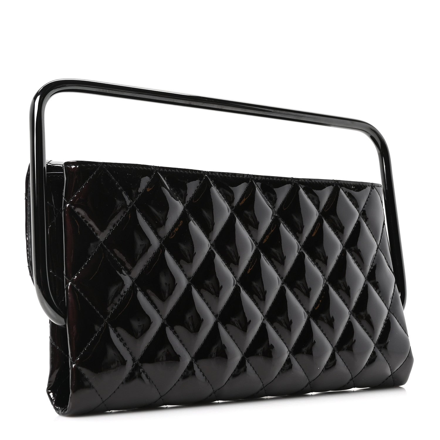 Patent Calfskin Quilted Metal Handle Clutch So Black
