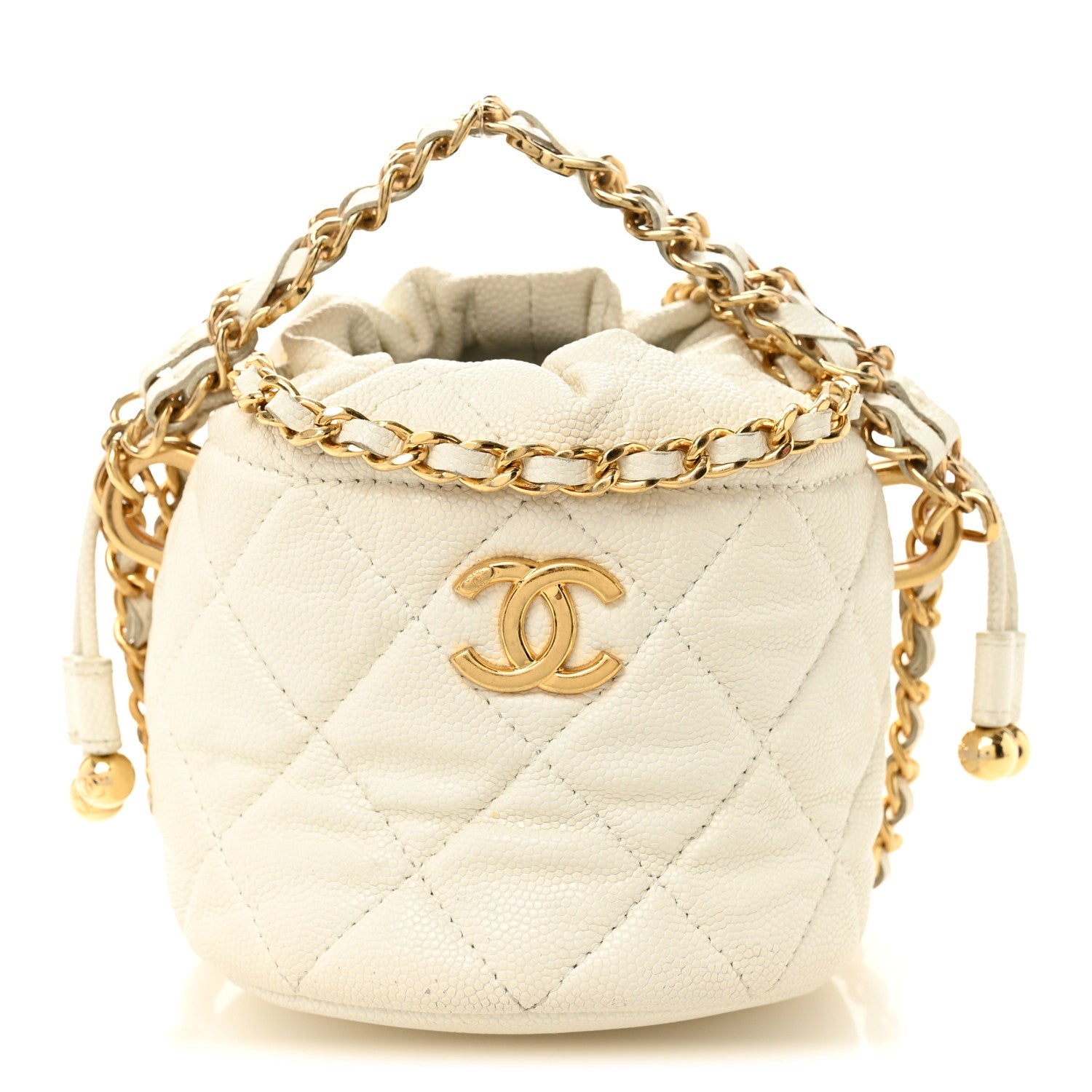 Caviar Quilted Coco First Bucket Clutch With Chain White