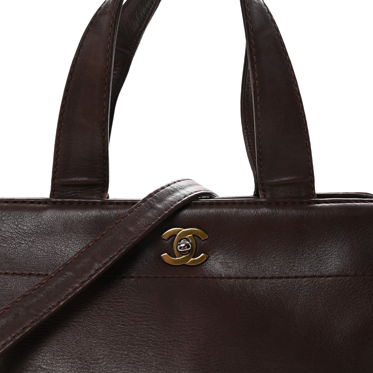 Calfskin Turnlock Shopper Tote Brown