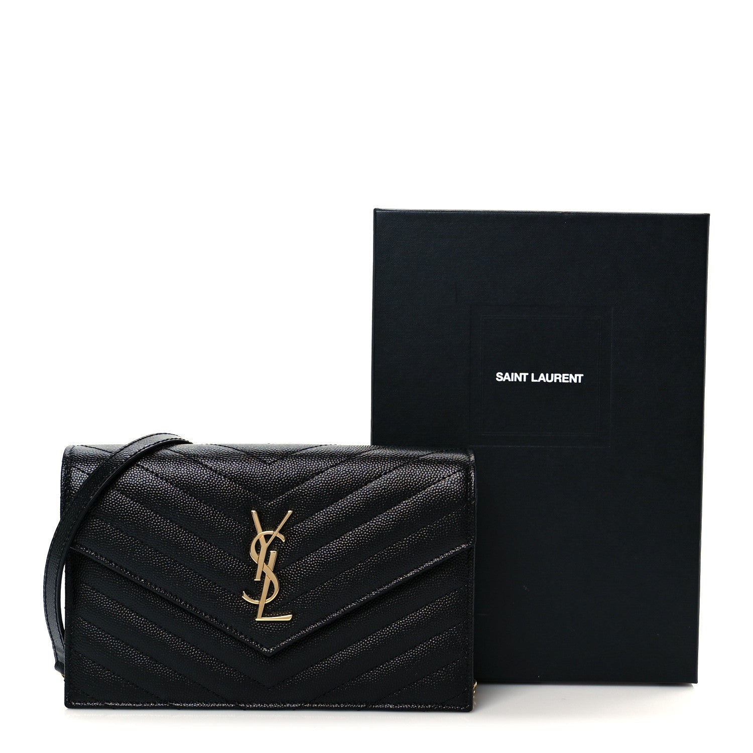 Grain De Poudre Matelasse Chevron Monogram Envelope Chain Wallet Black