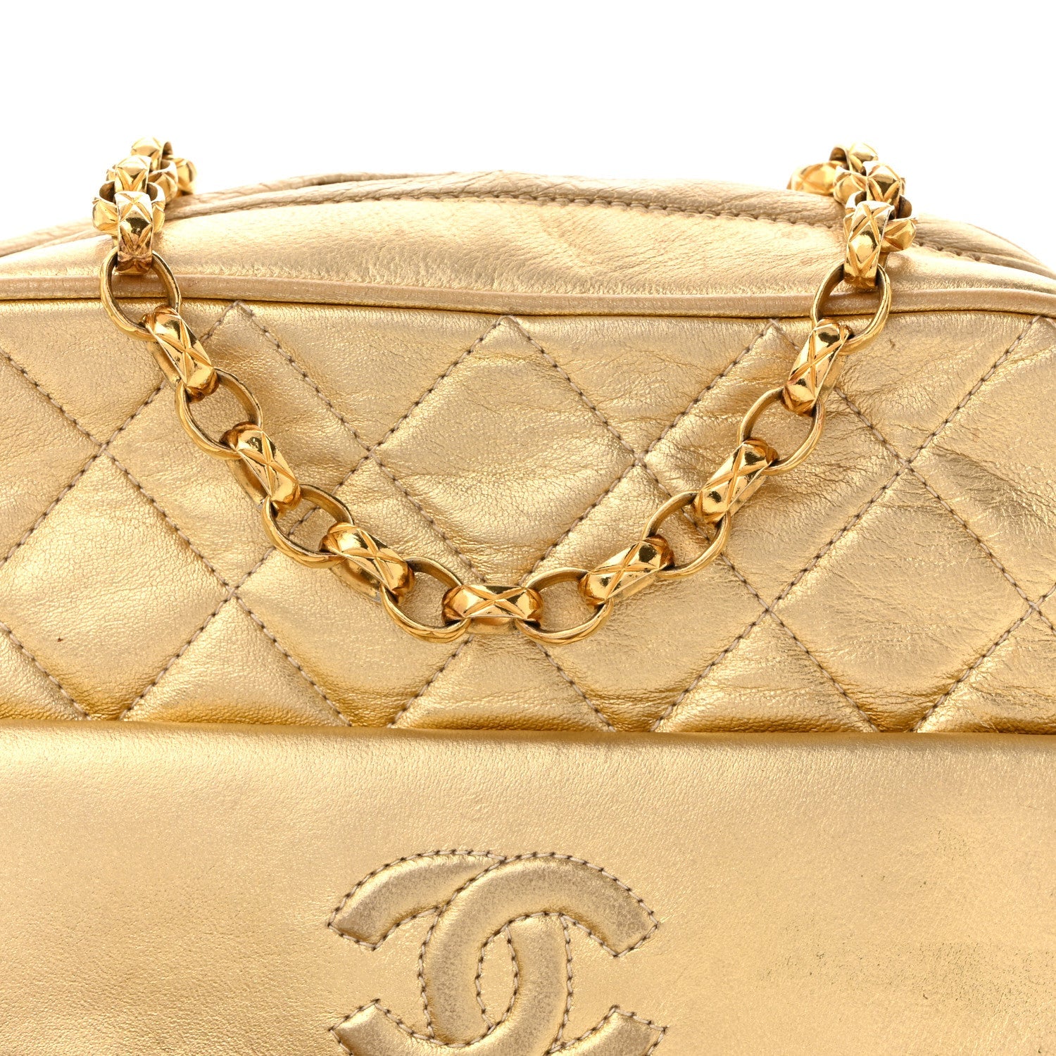 Metallic Lambskin Quilted Camera Case Gold