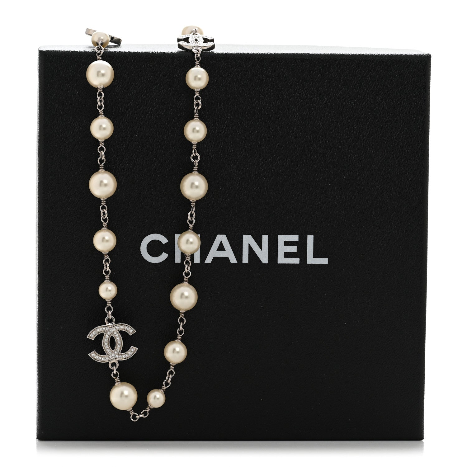 Graduated Pearl Crystal CC Long Necklace Silver