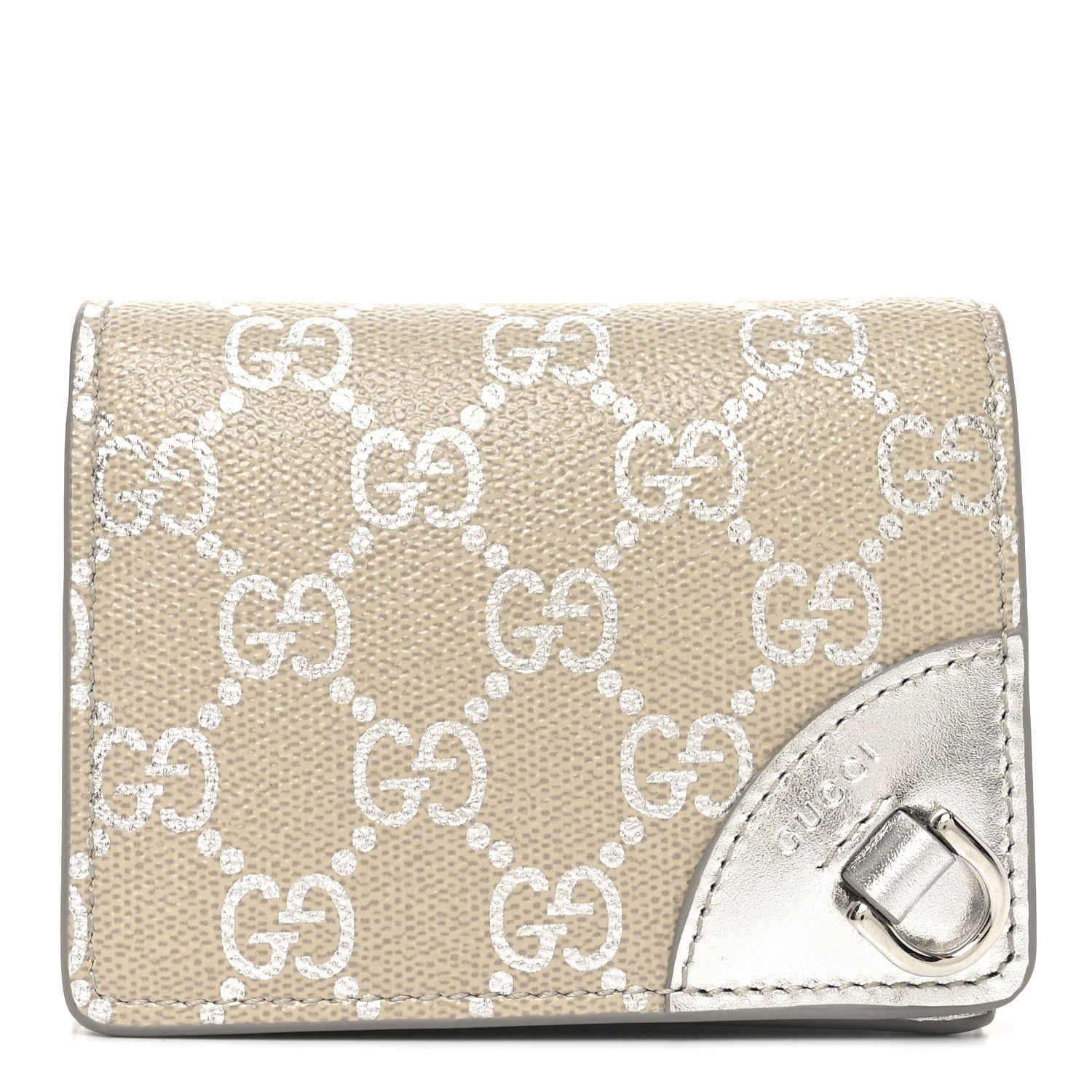 GG Supreme Monogram Metallic Calfskin Emblem Small Wallet Beige Silver