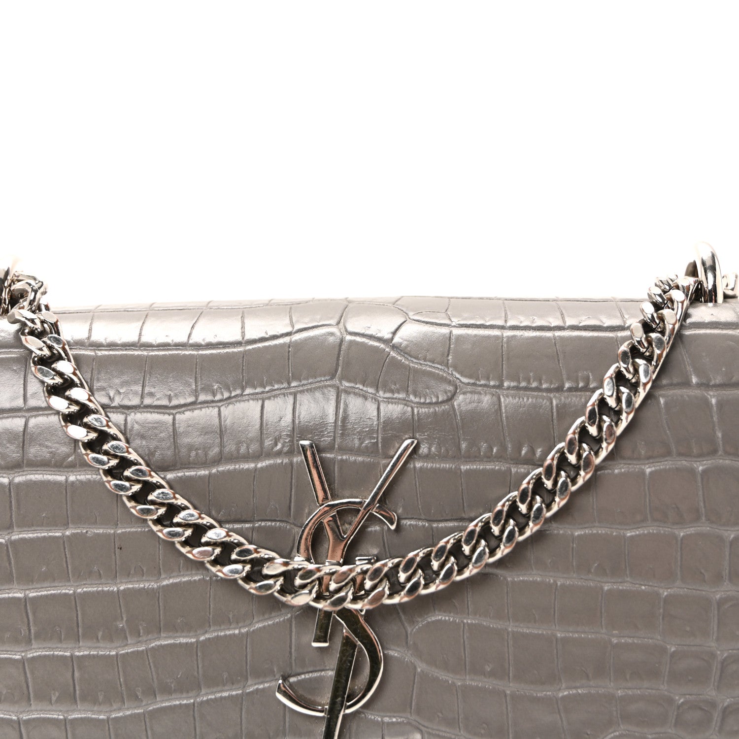 Calfskin Crocodile Embossed Monogram Sunset Chain Wallet Grey