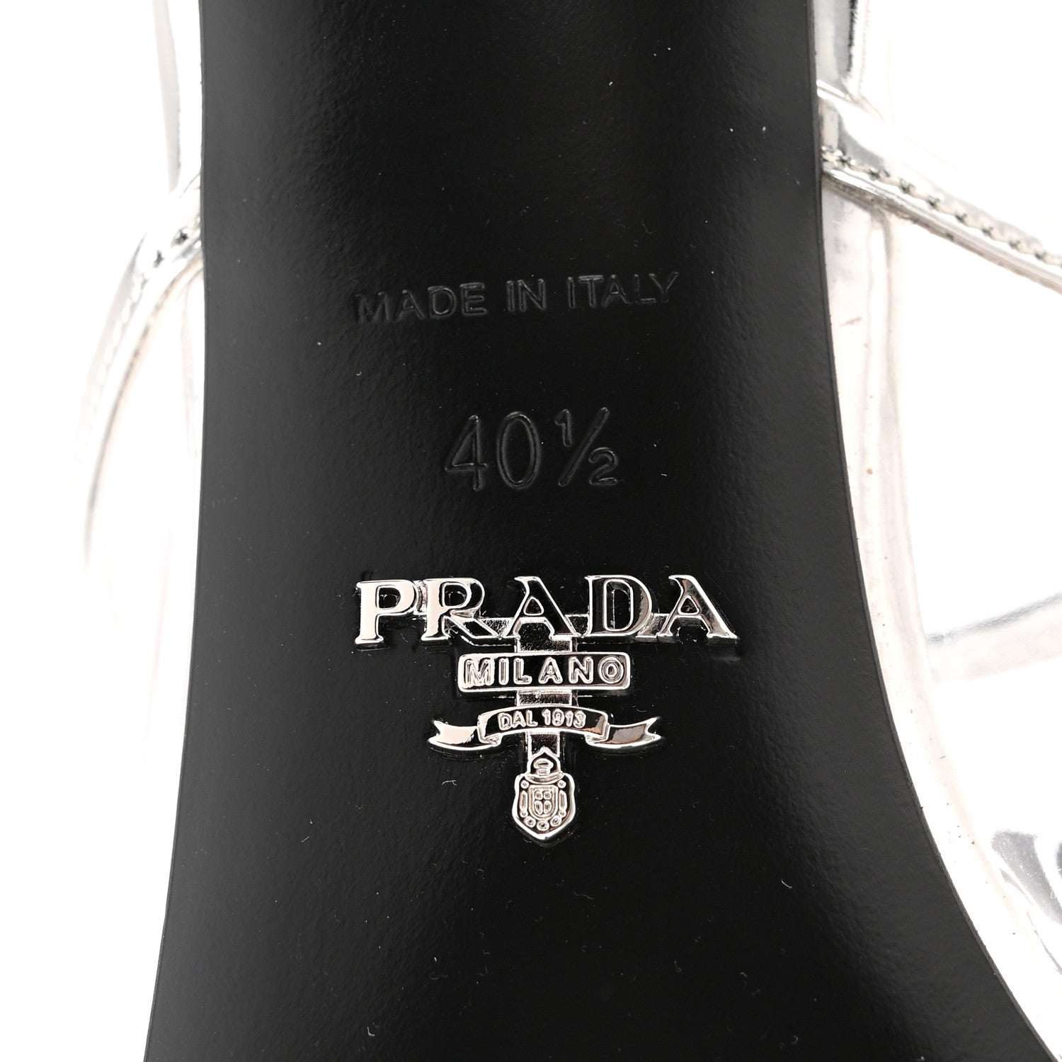 Plexiglass Metallic Calfskin Metal Triangle Logo 75mm Slide Sandals 40.5 Argento