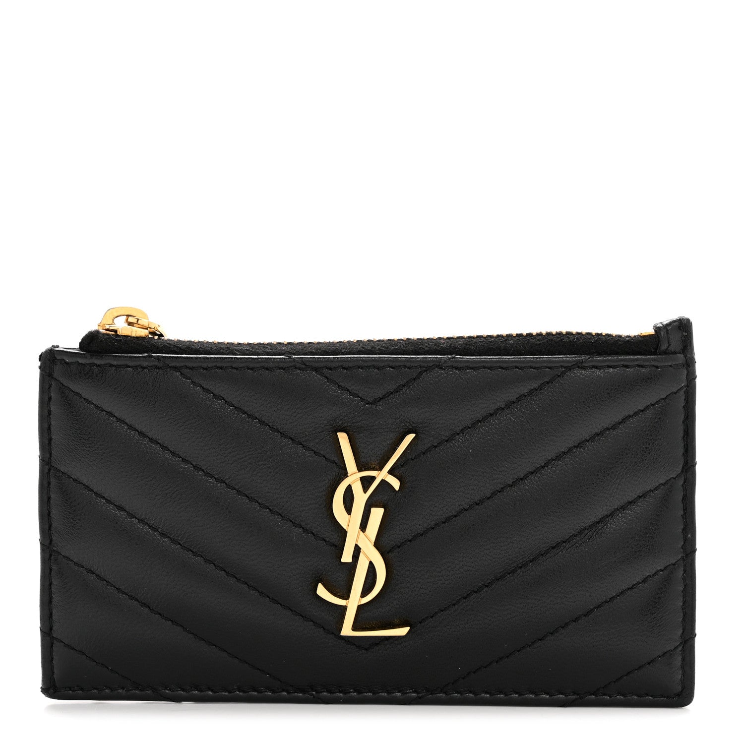 Calfskin Matelasse Chevron Monogram Fragments Zippered Card Case Black