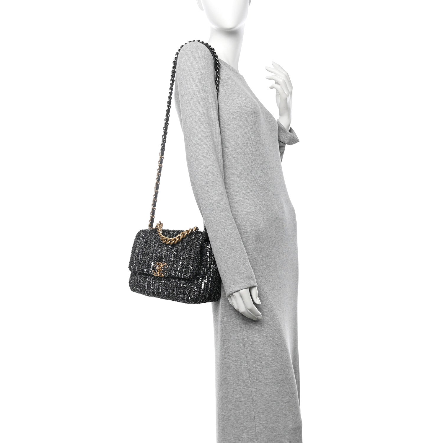 Tweed Sequin Quilted Medium Chanel 19 Flap Black Multicolor