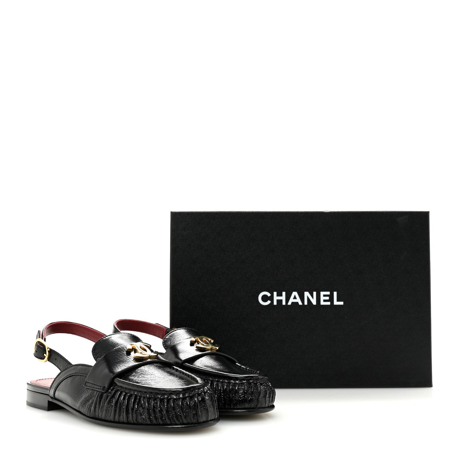 Crumpled Shiny Lambskin CC Slingback Mocassins 38 Black
