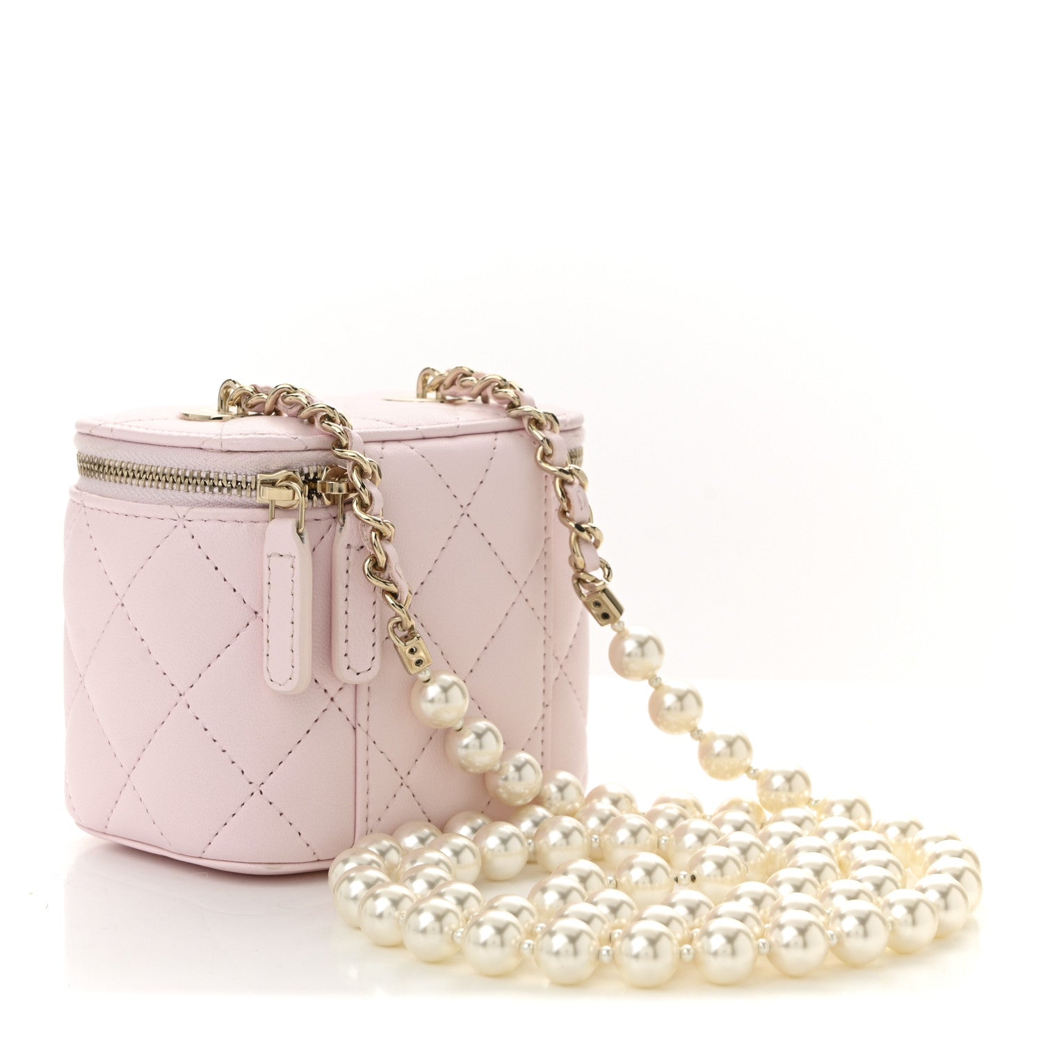 Lambskin Quilted Mini Vanity Case With Pearl Chain Light Pink