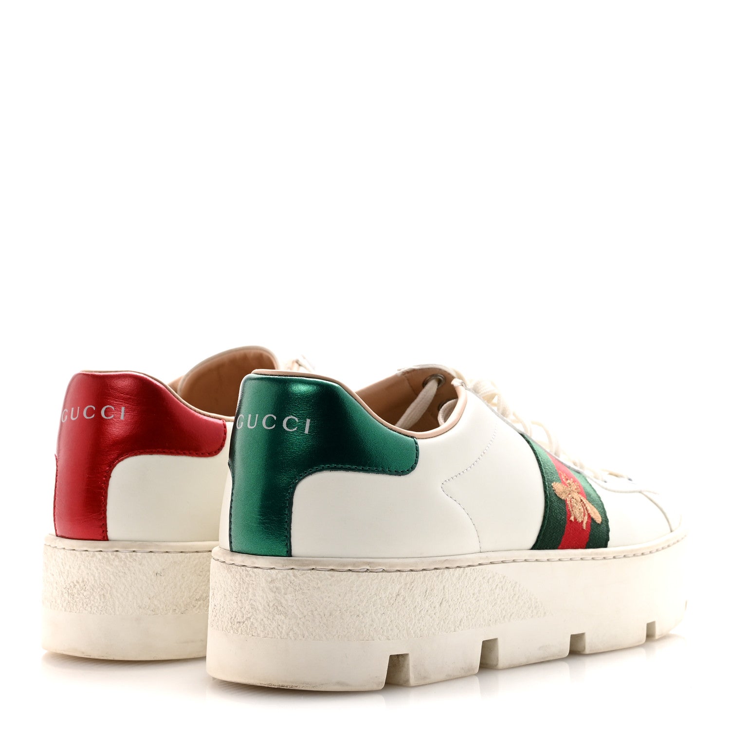 Calfskin Web Bee Embroidered Womens Ace Platform Sneakers 38.5 White
