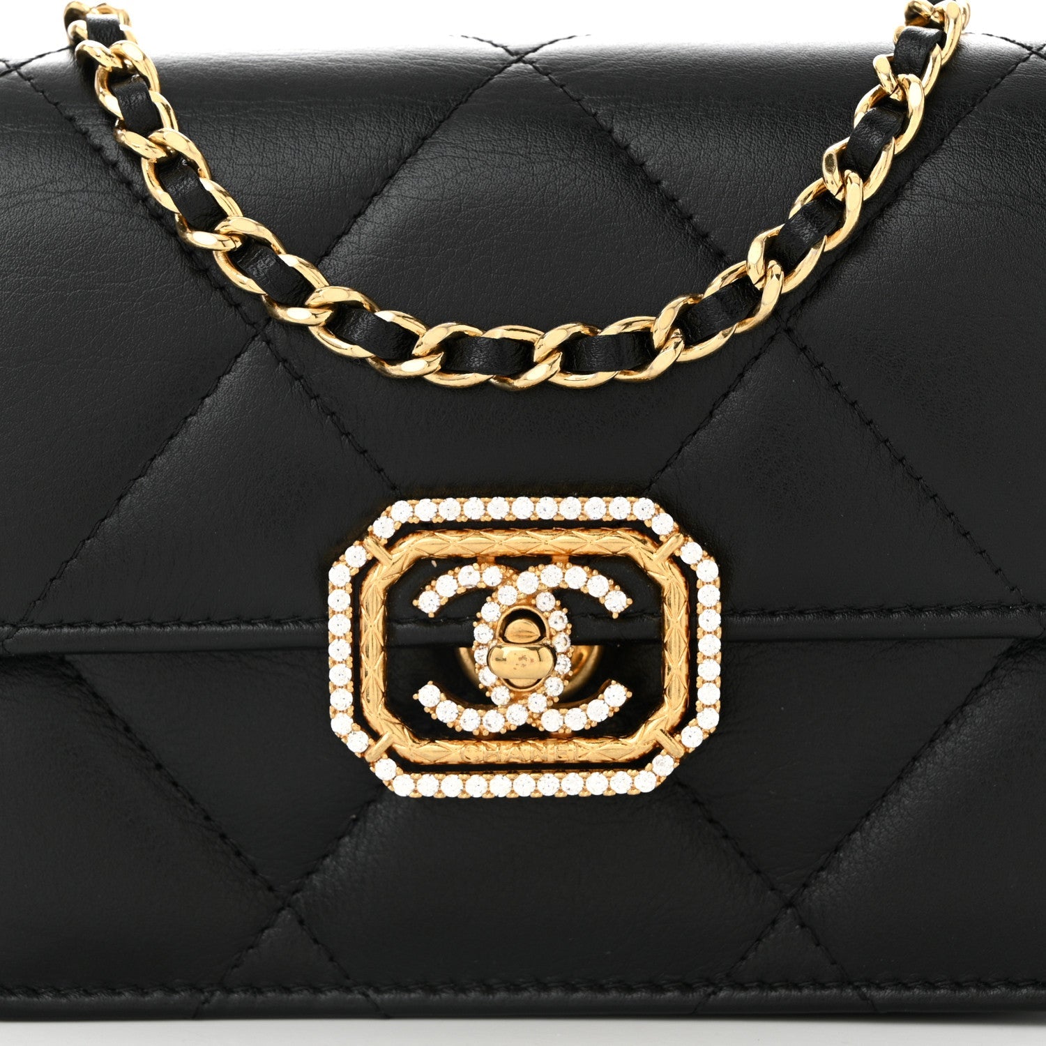 Calfskin Strass Quilted Clutch With Chain Flap Black