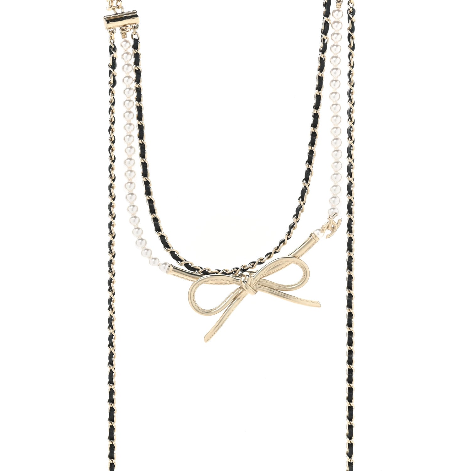 Calfskin Pearl Metal CC Bow Necklace Gold White Black