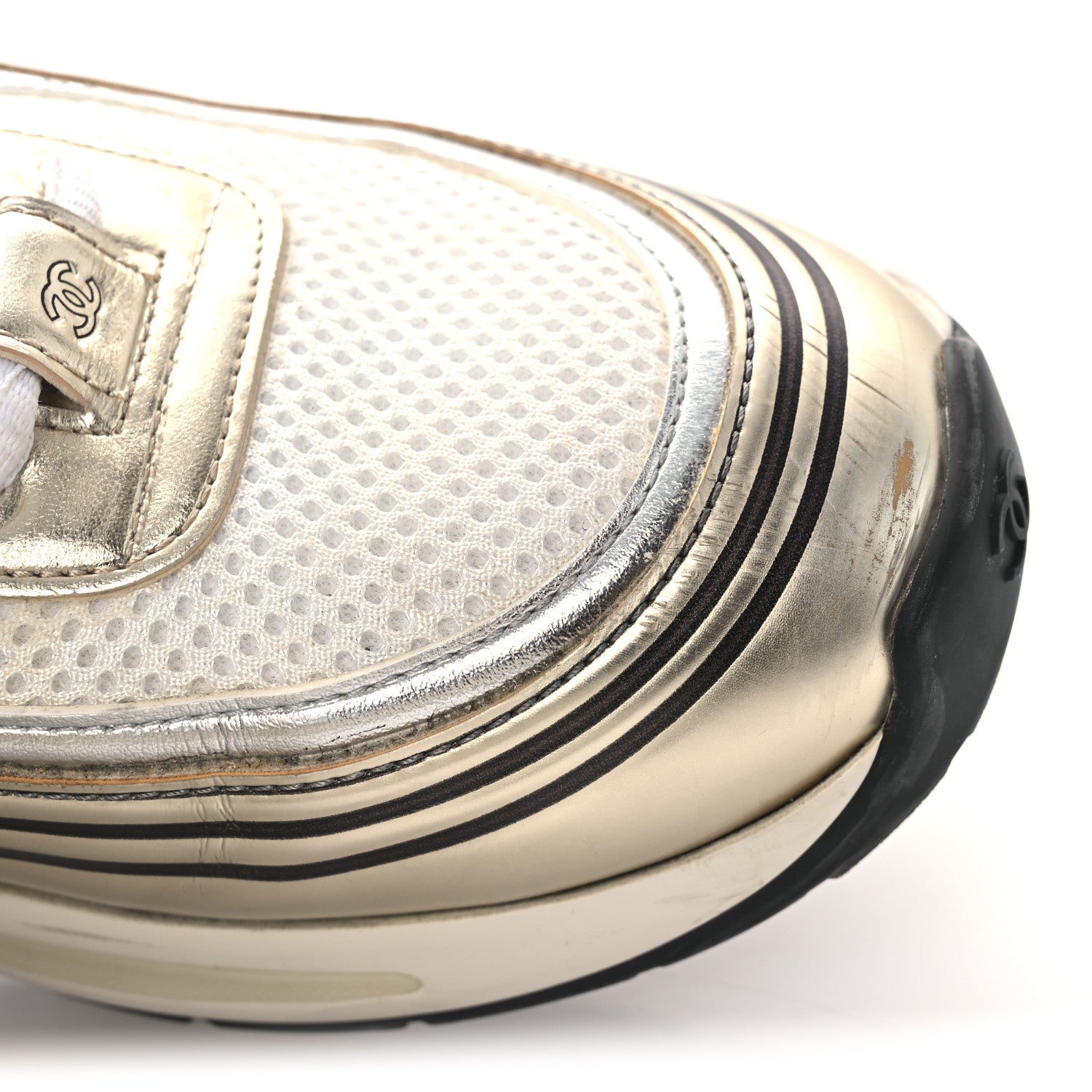 Fabric Laminated Calfskin Stretch CC Womens Sneakers 40 White Gold Silver