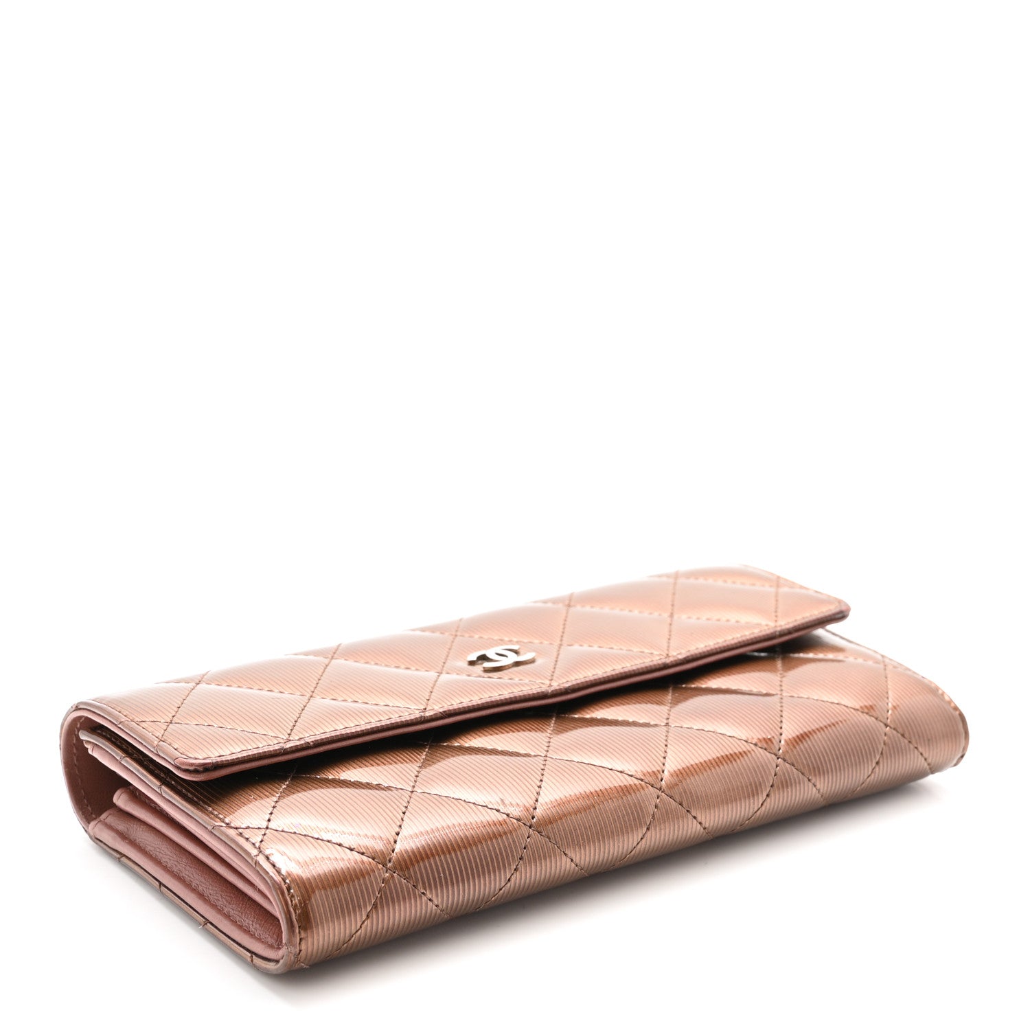 Striated Patent Quilted Large Gusset Flap Wallet Bronze