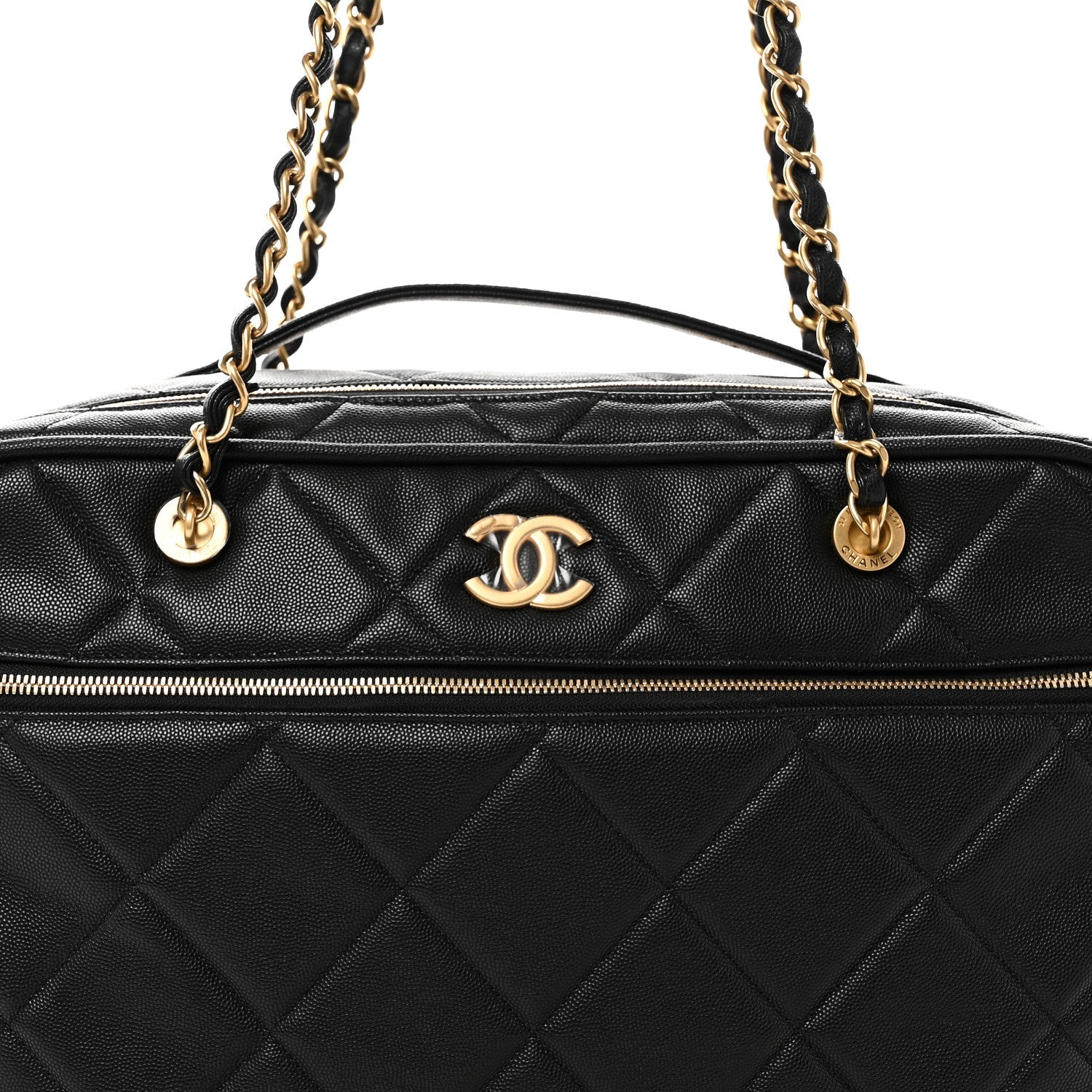 Shiny Grained Calfskin Quilted Travel Bowling Bag Black