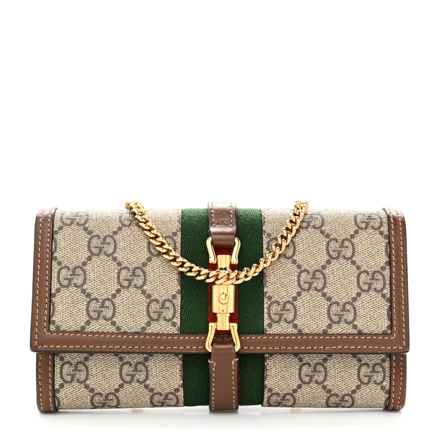 GG Supreme Monogram Azalea Calfskin Web Jackie 1961 Chain Wallet Beige Ebony Brown Sugar