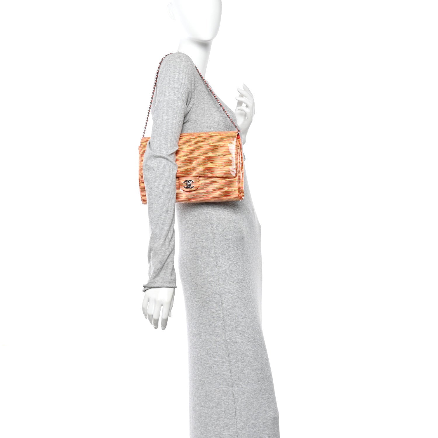 Patent Calfskin Striped Clutch With Chain Flap Red