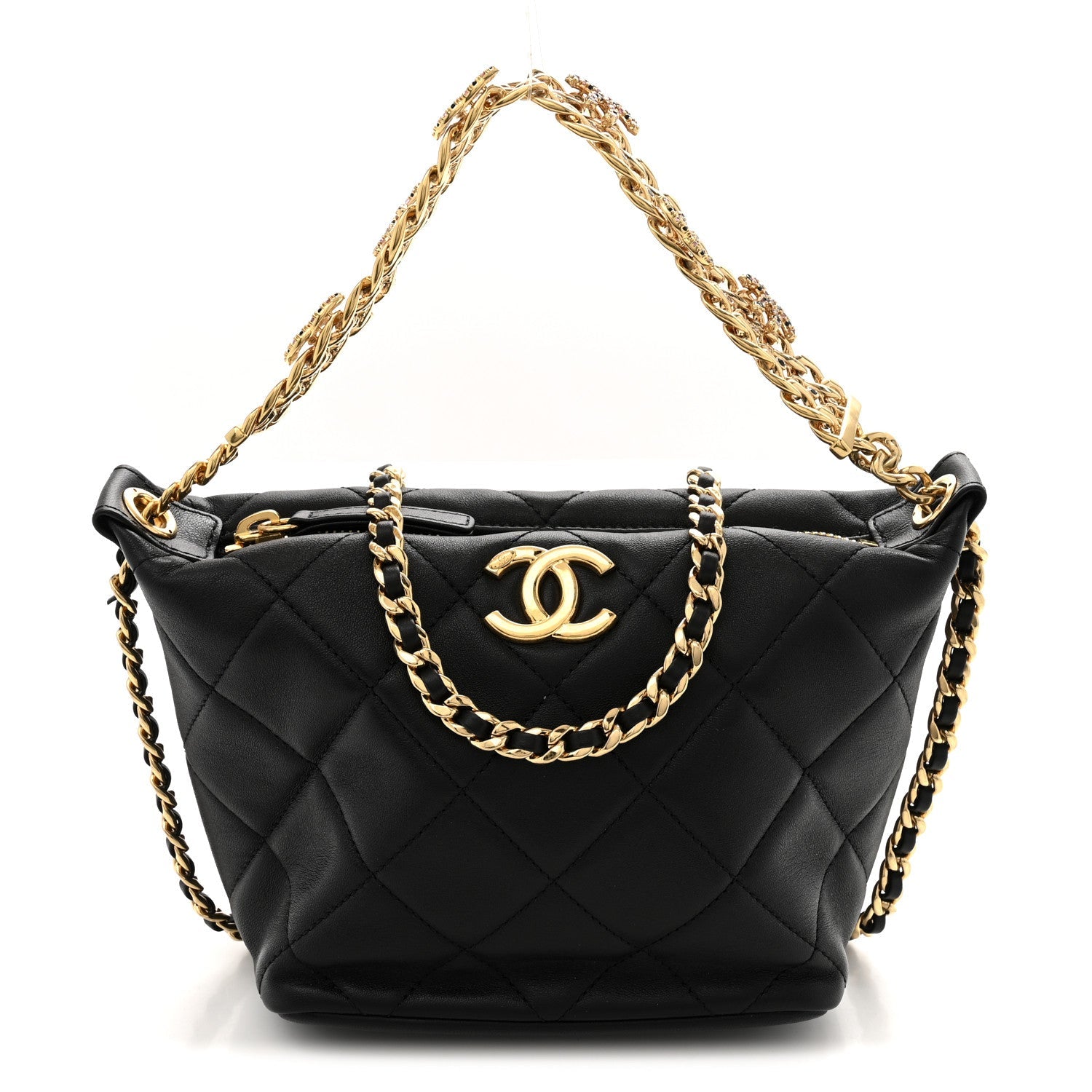 Lambskin Quilted Crystal Small CC Chain Hobo Black