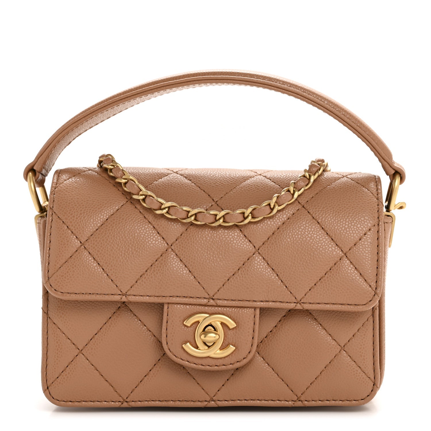 Shiny Caviar Quilted Mini Top Handle Flap Bag Camel