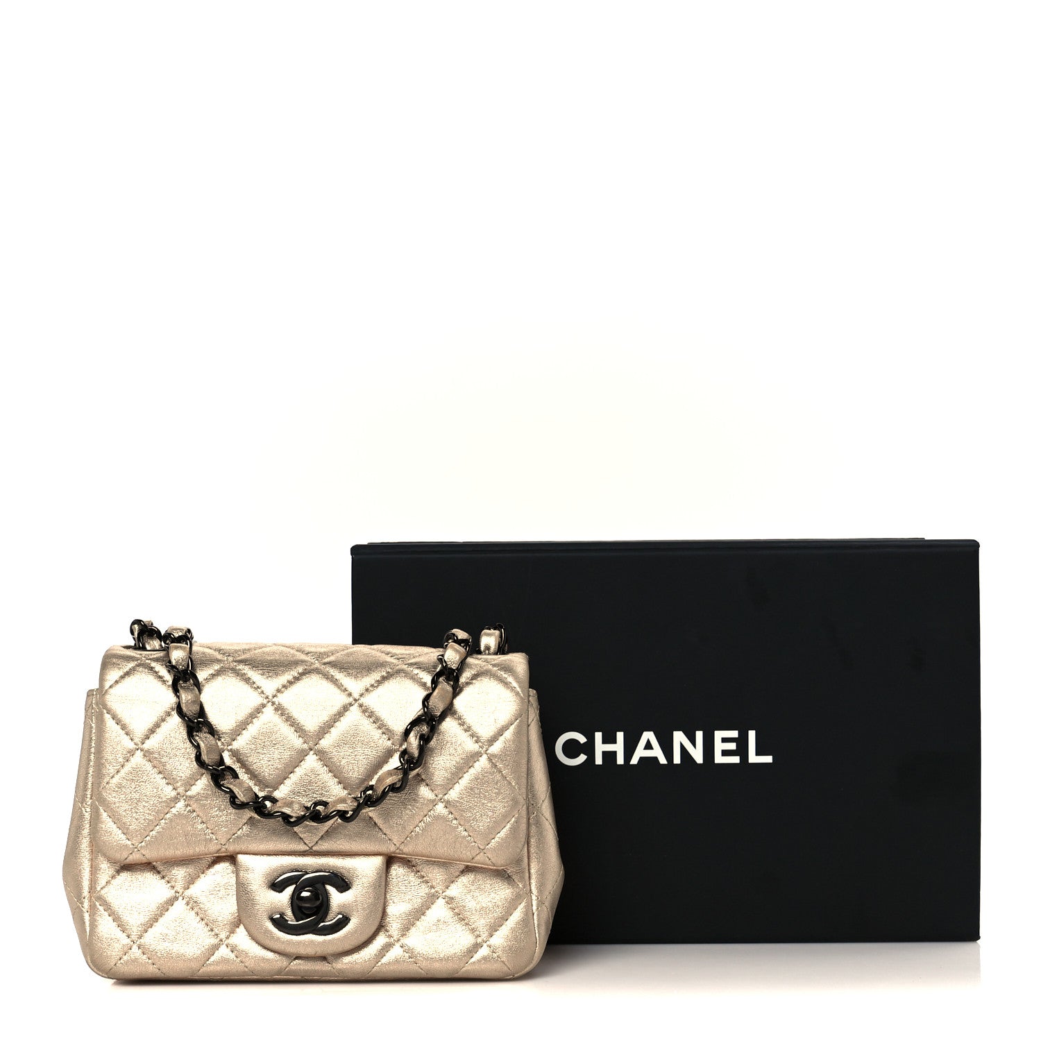 Metallic Lambskin Quilted Mini Square Flap Gold Black