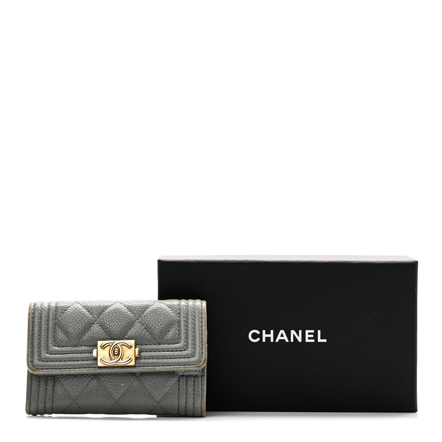 Caviar Quilted Boy Flap Card Holder Grey