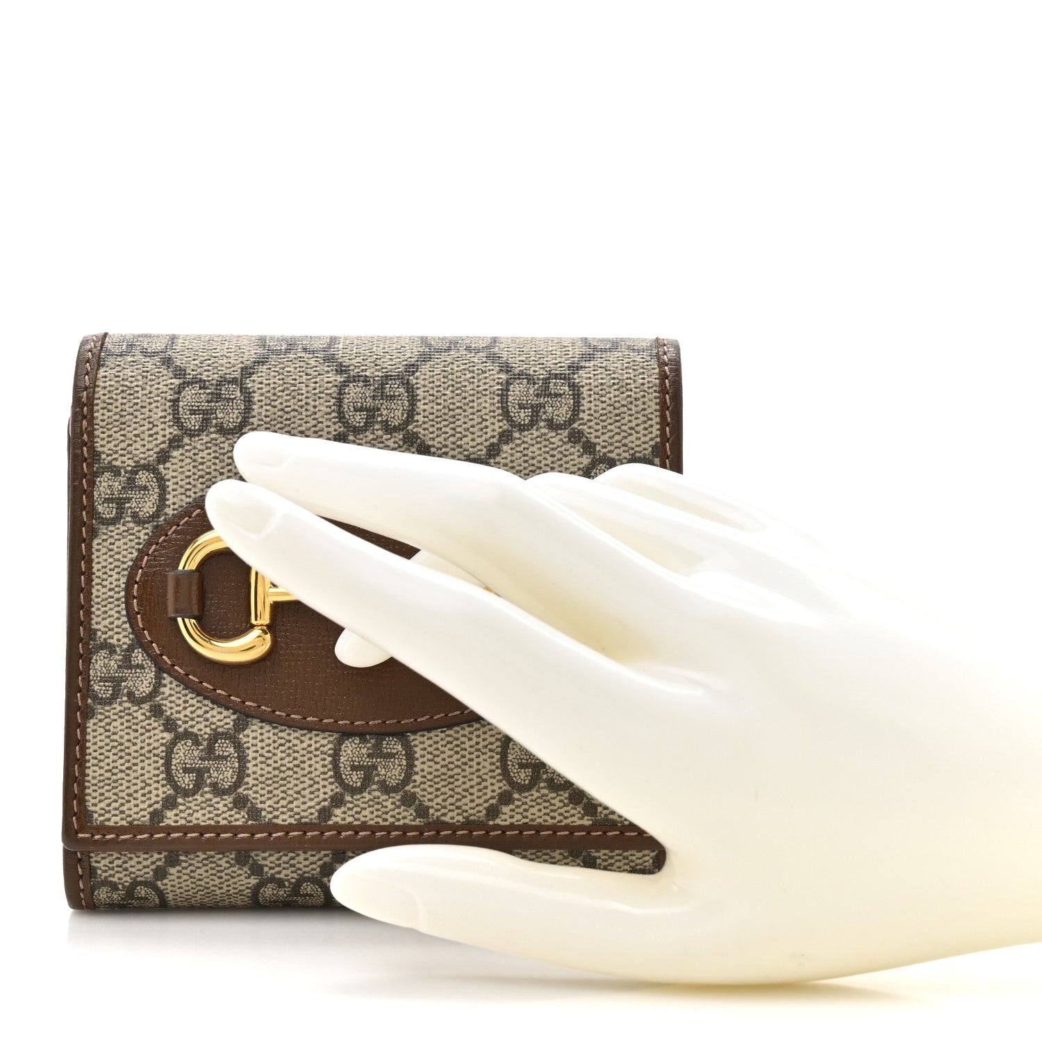 GG Supreme Monogram Azalea Calfskin Horsebit 1955 Flap Card Case Wallet Beige Ebony Brown Sugar