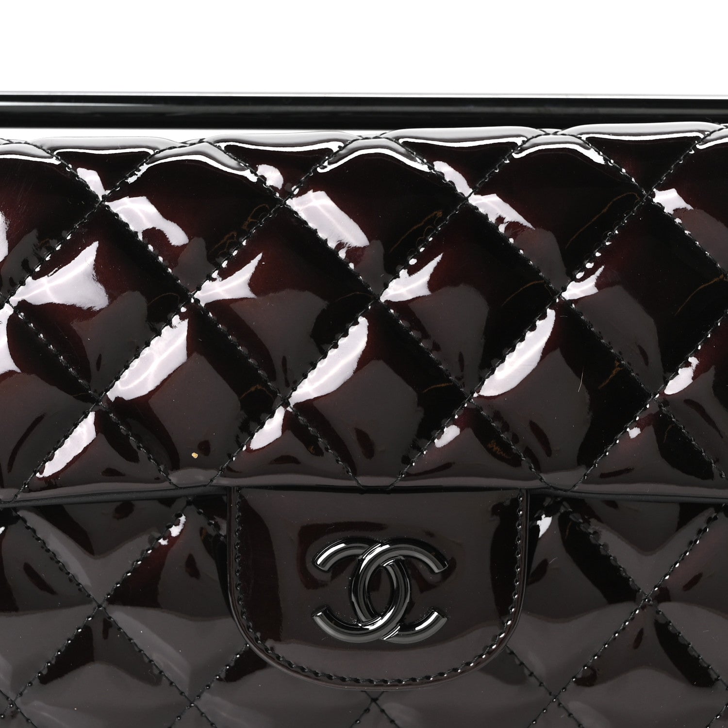 Patent Calfskin Quilted Metal Handle Clutch So Black