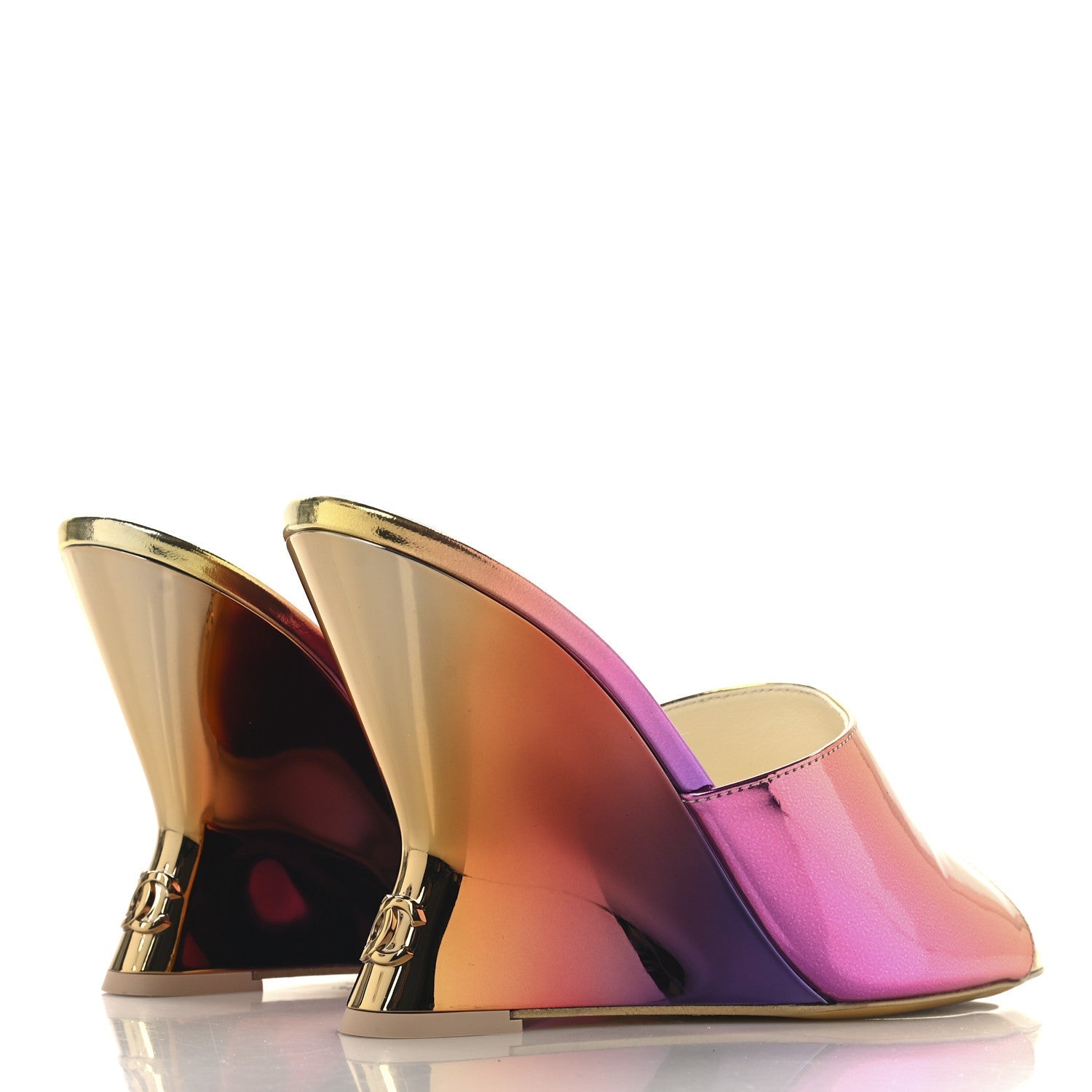 Laminated Calfskin Wedge Mules 38 Pink Orange Yellow