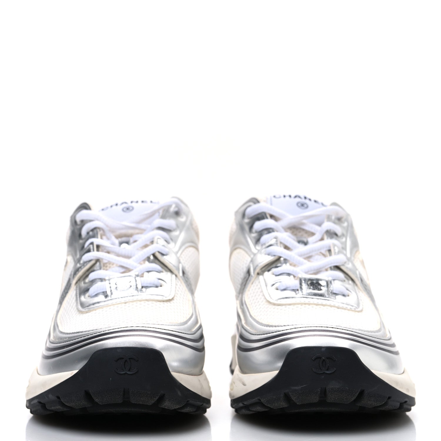 Fabric Laminated Calfskin Stretch CC Womens Sneakers 40 White Silver