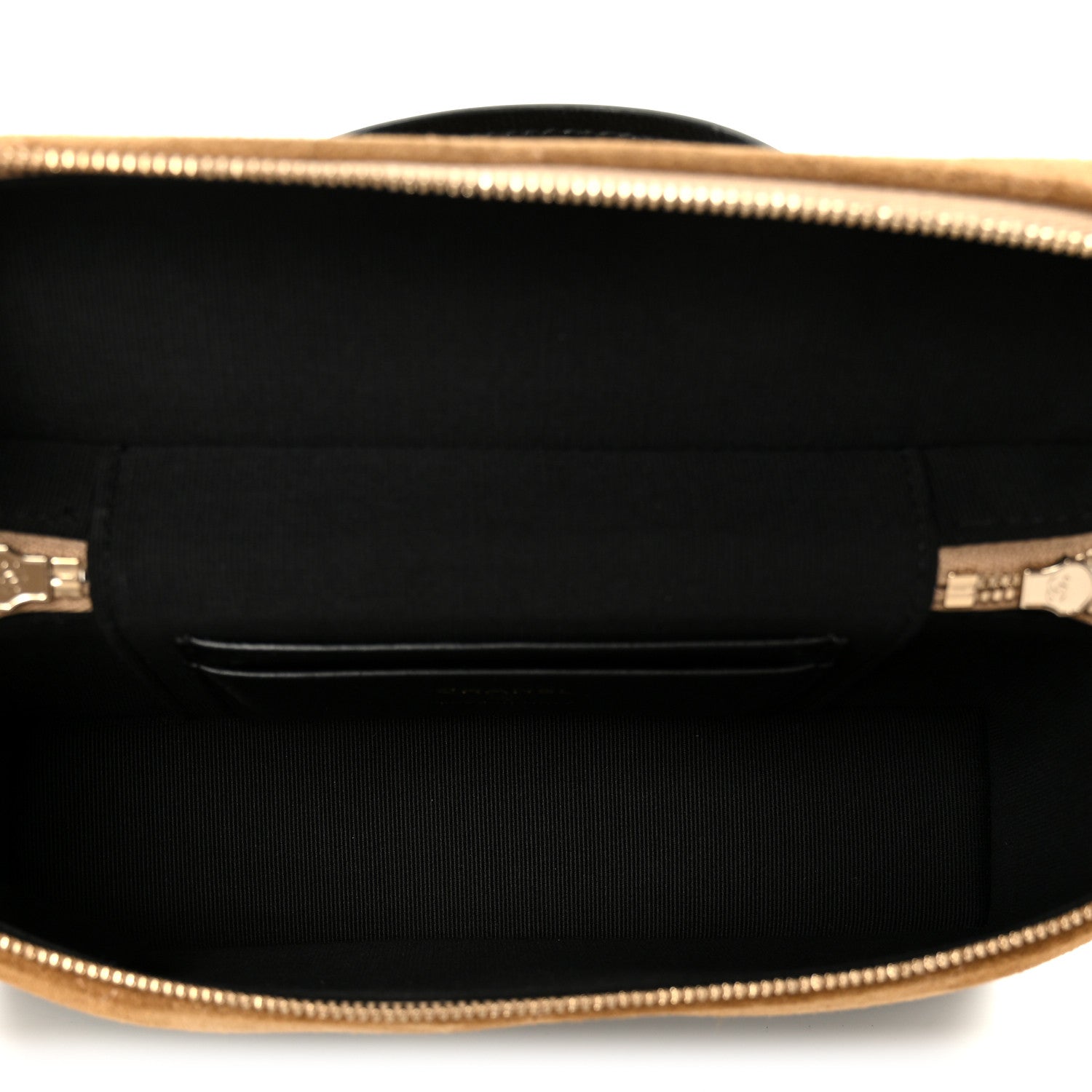 Suede Calfskin Shiny Lambskin Stitched Top Handle Slim Vanity With Chain Beige Black