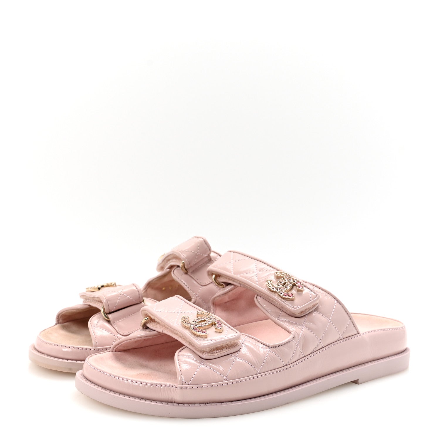 Shiny Calfskin Crystal Quilted Velcro Dad CC Slide Sandals 39 Light Pink