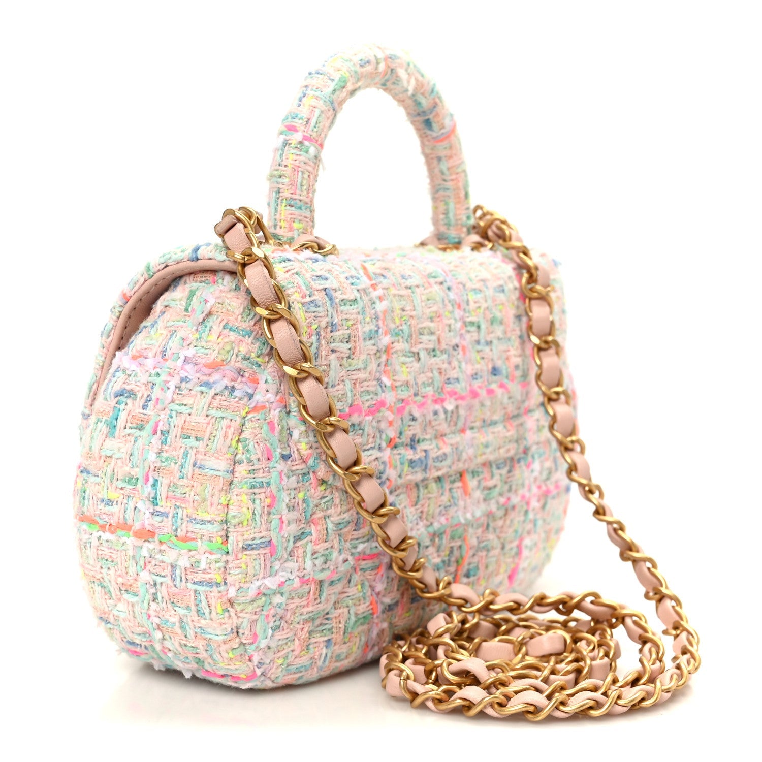 Tweed Quilted Baywatch Top Handle Flap Light Pink Green Orange Purple