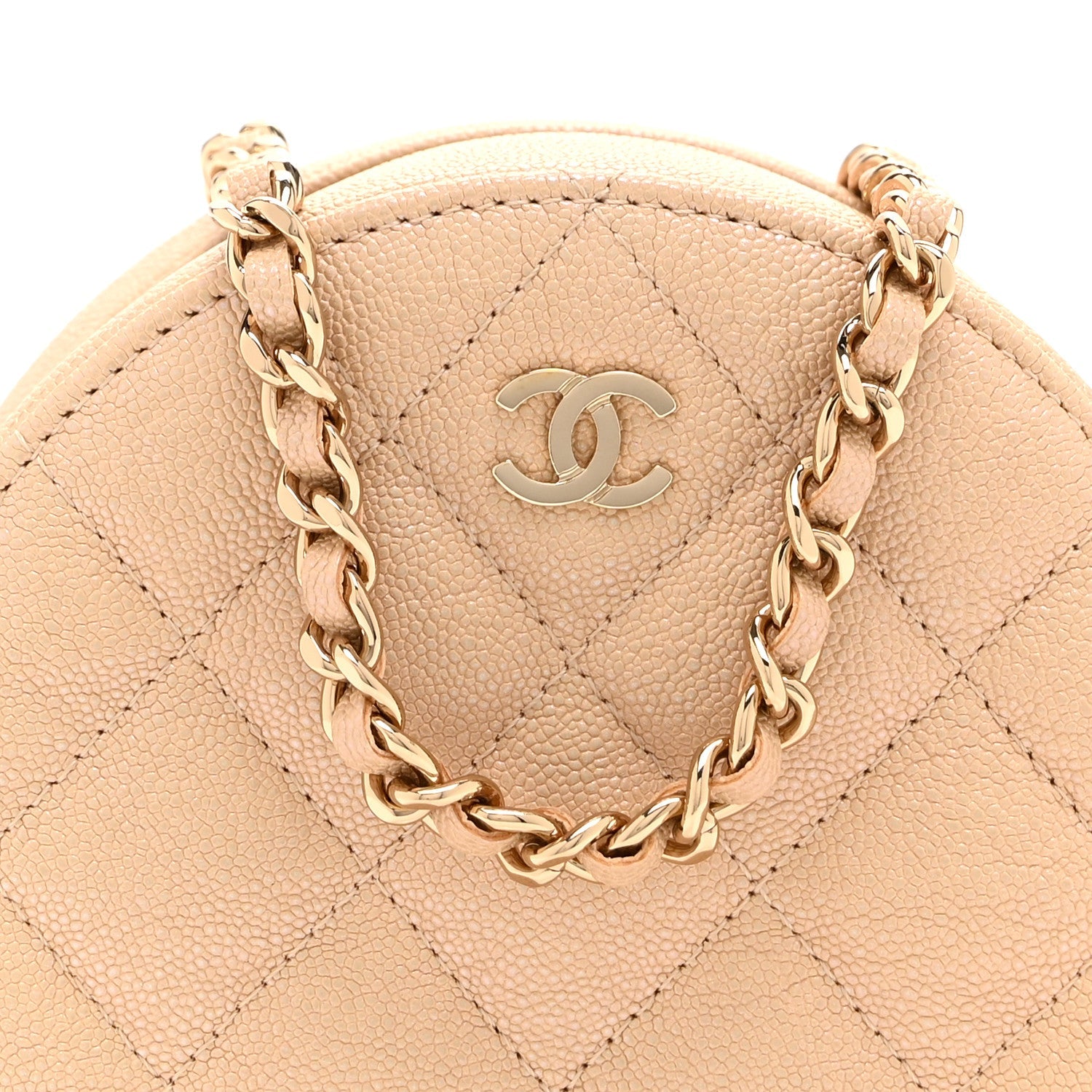 Iridescent Caviar Quilted Round Clutch With Chain Beige