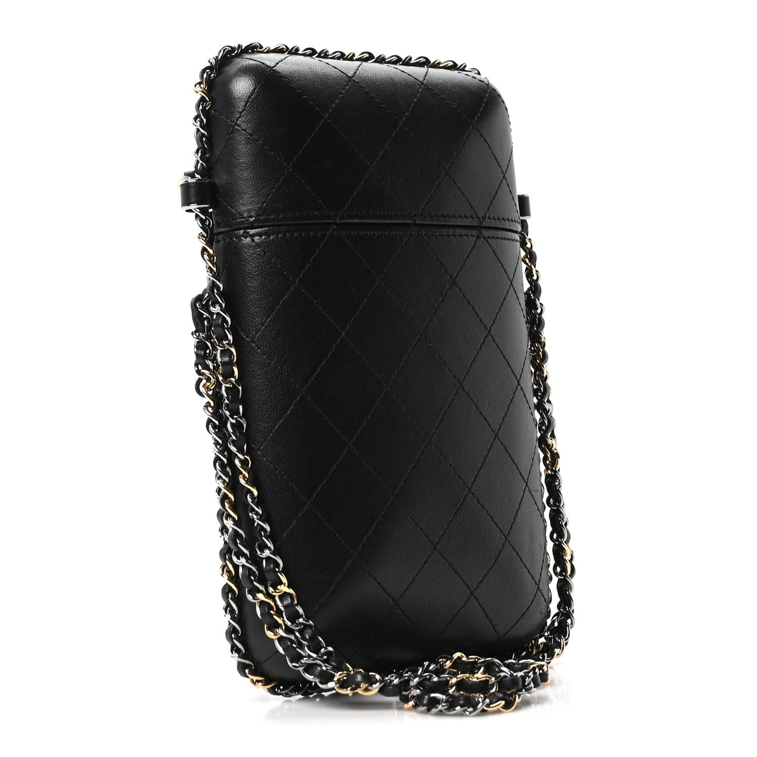 Lambskin Quilted Chain Around Phone Holder Black