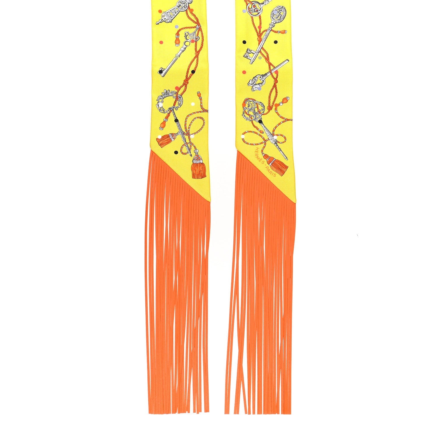 Silk Calfskin Les Cles A Pois Fringed Twilly Jaune Argent Orange Vif