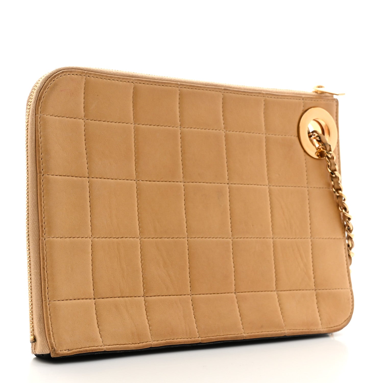 Lambskin Quilted Chocolate Bar Wristlet Beige