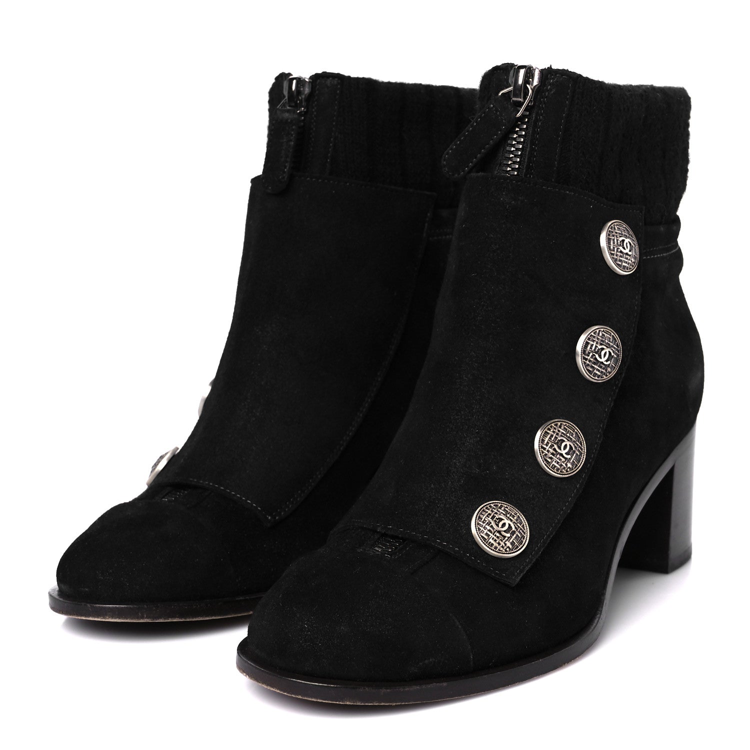 Suede Calfskin Knit Button Ankle Boots 36.5 Black