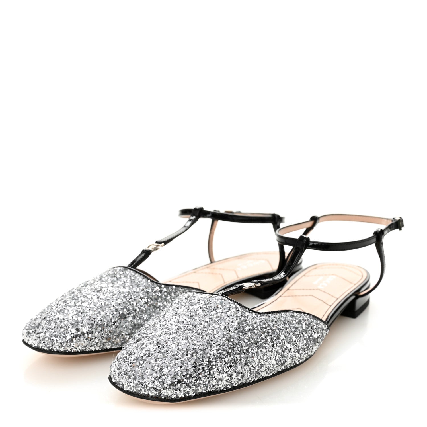 Calfskin Glitter Double G Slingback Flats 39 Silver Black