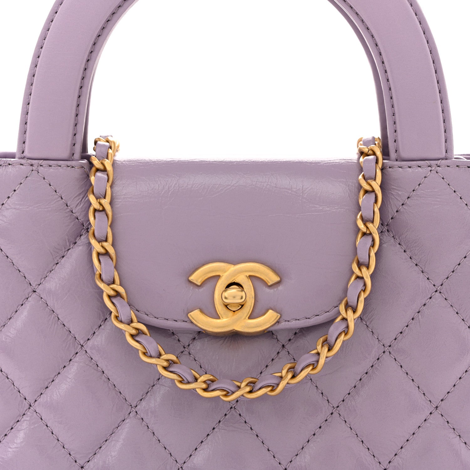 Shiny Aged Calfskin Quilted Nano Kelly Shopper Lilac