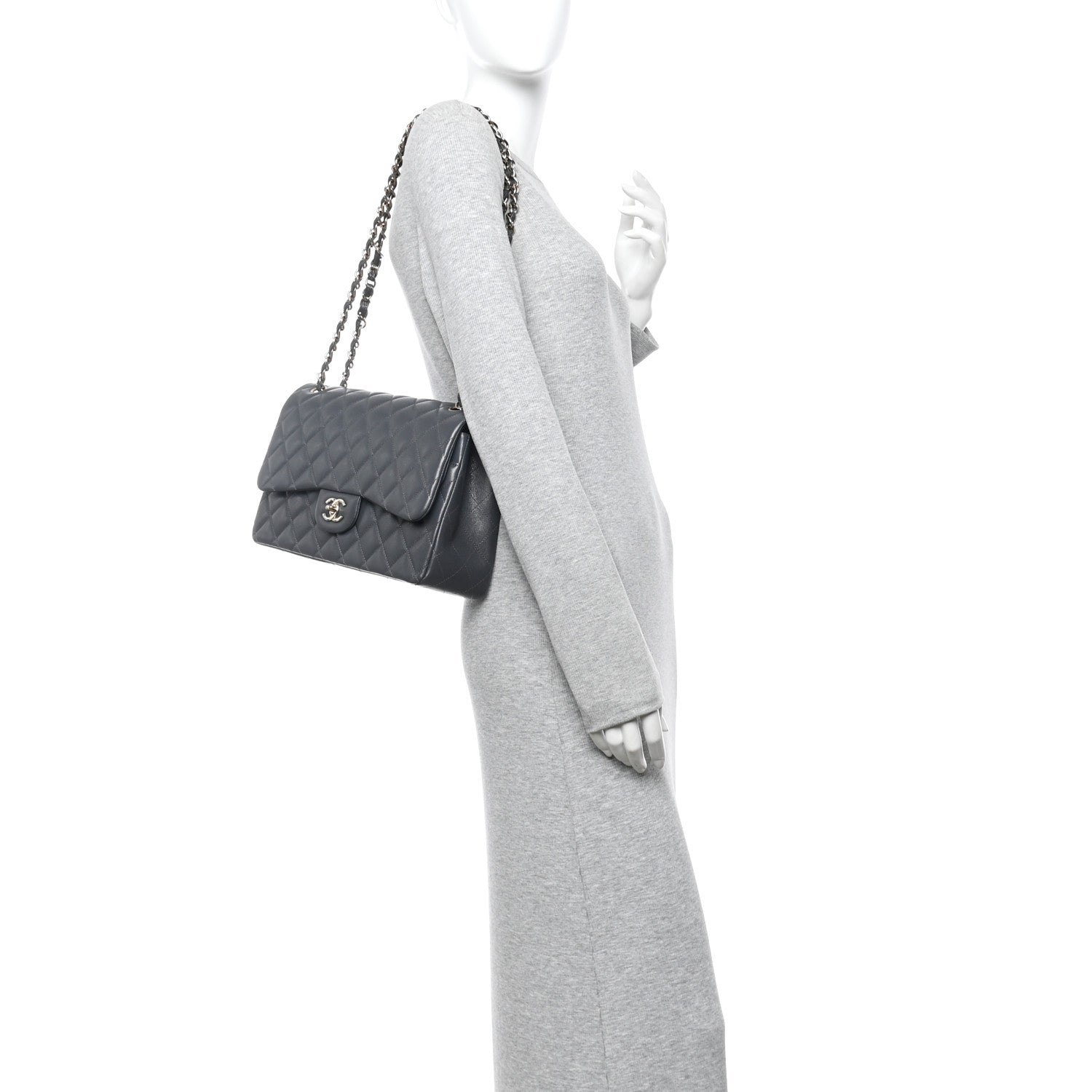Caviar Quilted Jumbo Double Flap Dark Grey