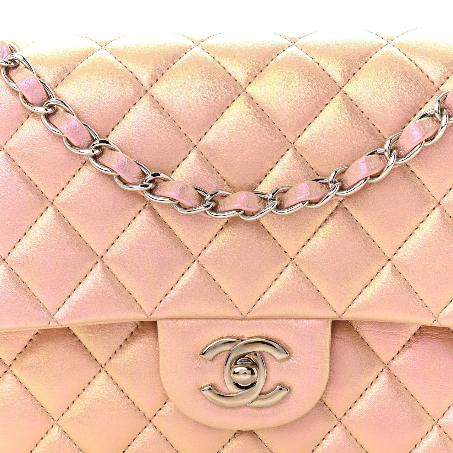 Iridescent Calfskin Quilted Medium Double Flap Pink