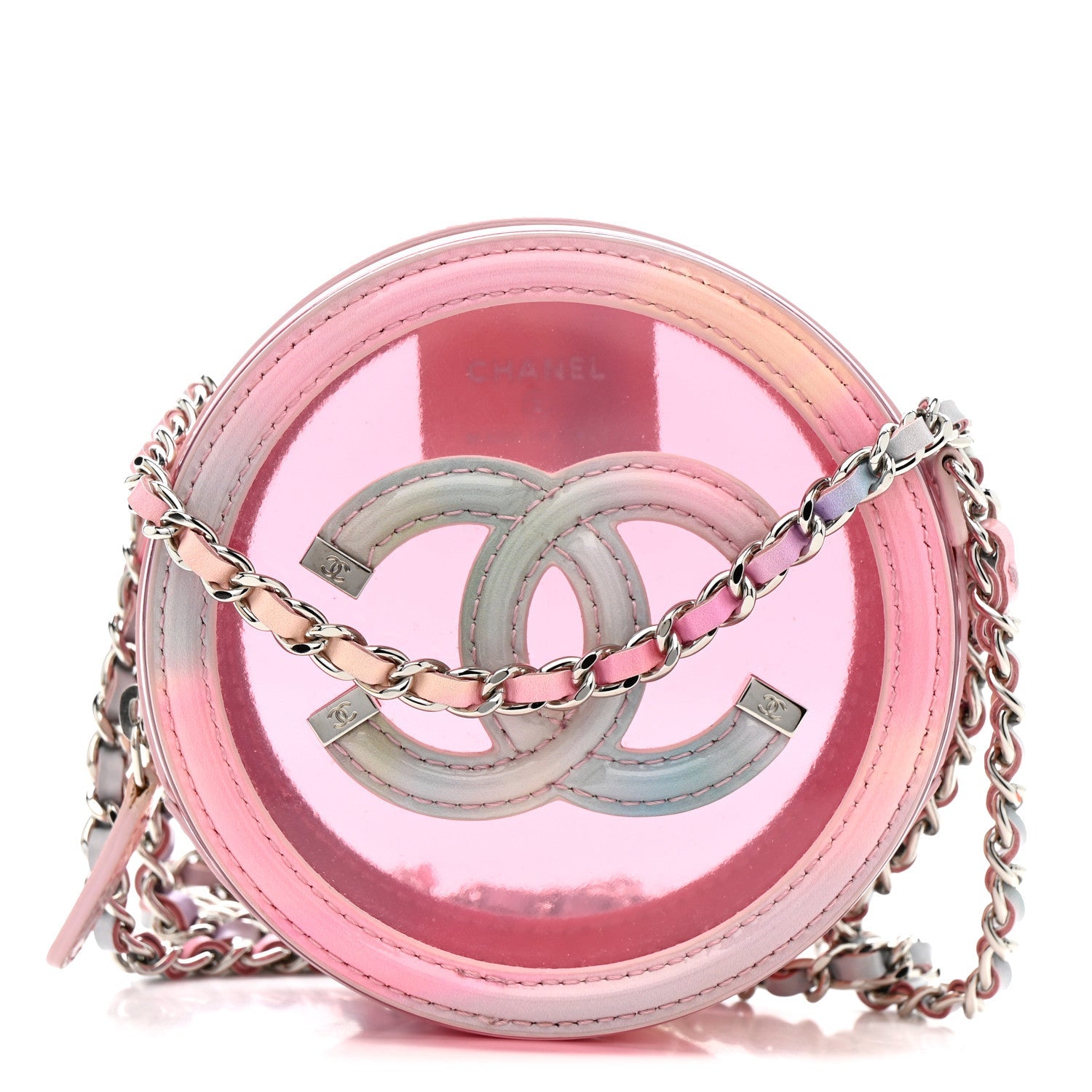 PVC Lambskin Filigree Round Clutch With Chain Pink