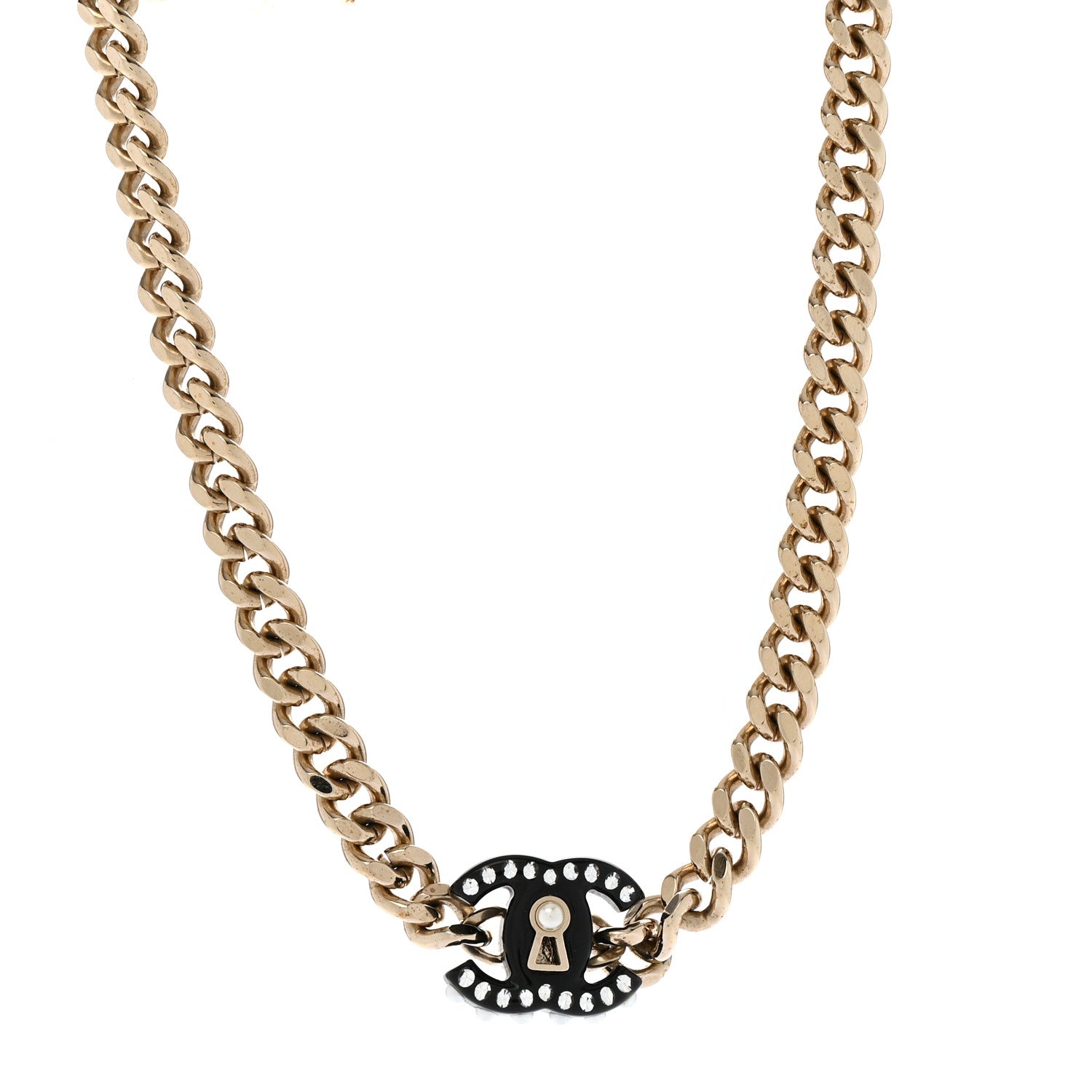 Crystal Pearl CC Lock Short Necklace Gold Black