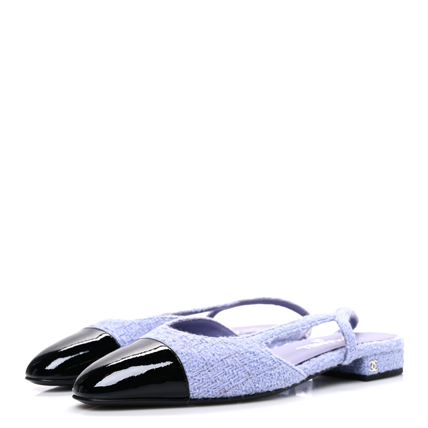 Iridescent Wool Tweed Patent Cap Toe CC Slingback Flats 39.5 Light Purple Silver Black