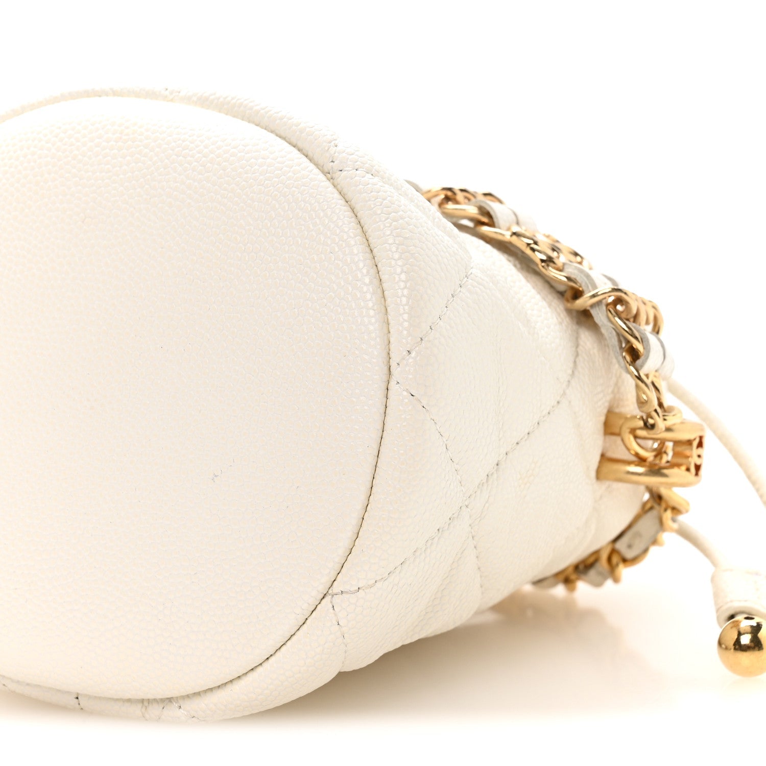 Caviar Quilted Coco First Bucket Clutch With Chain White