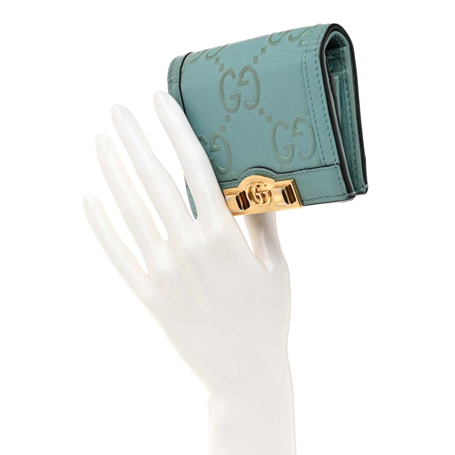 Wonka Grain Calfskin GG Monogram Embossed Card Case Wallet Dusty Azure