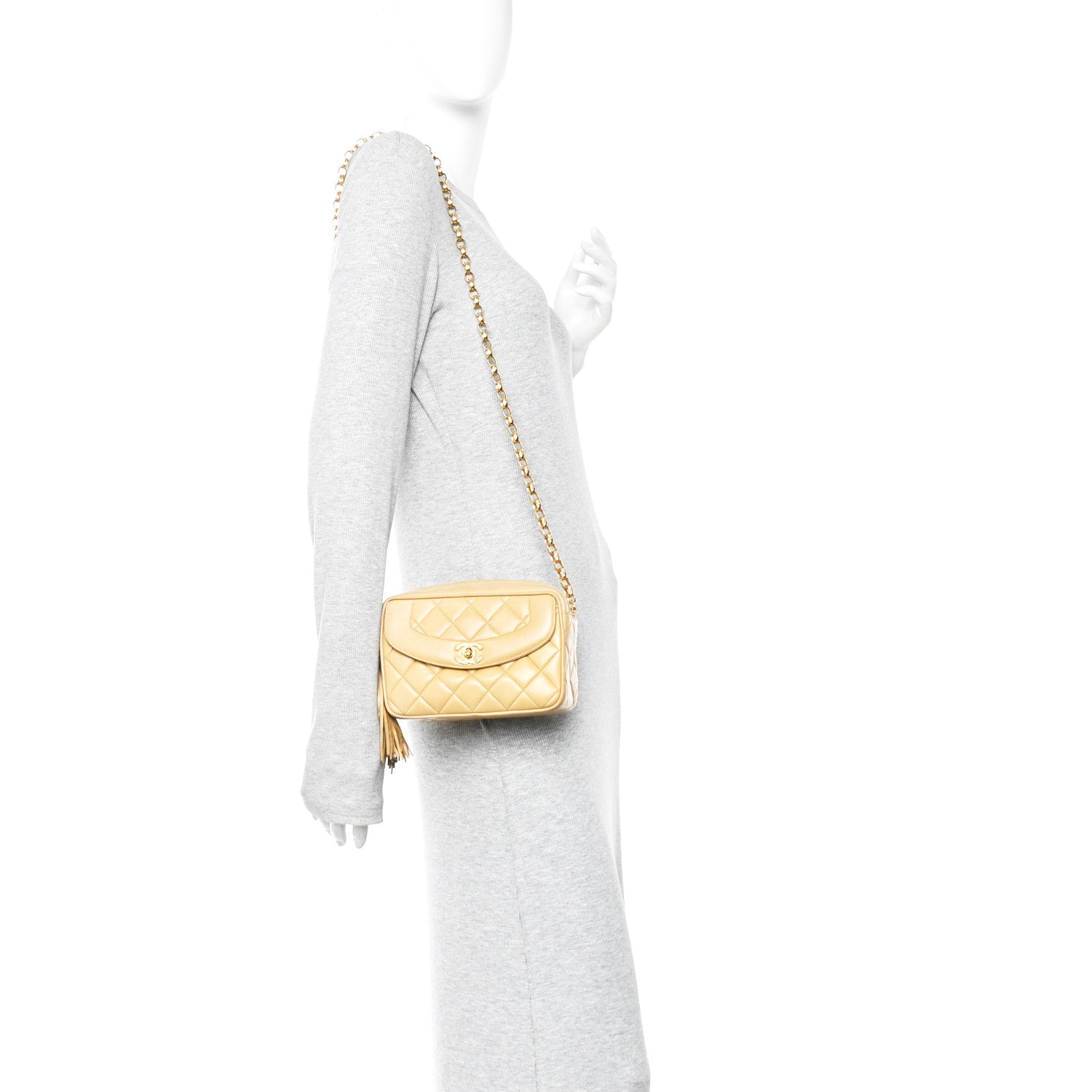 Lambskin Quilted Tassel Flap Camera Bag Light Beige