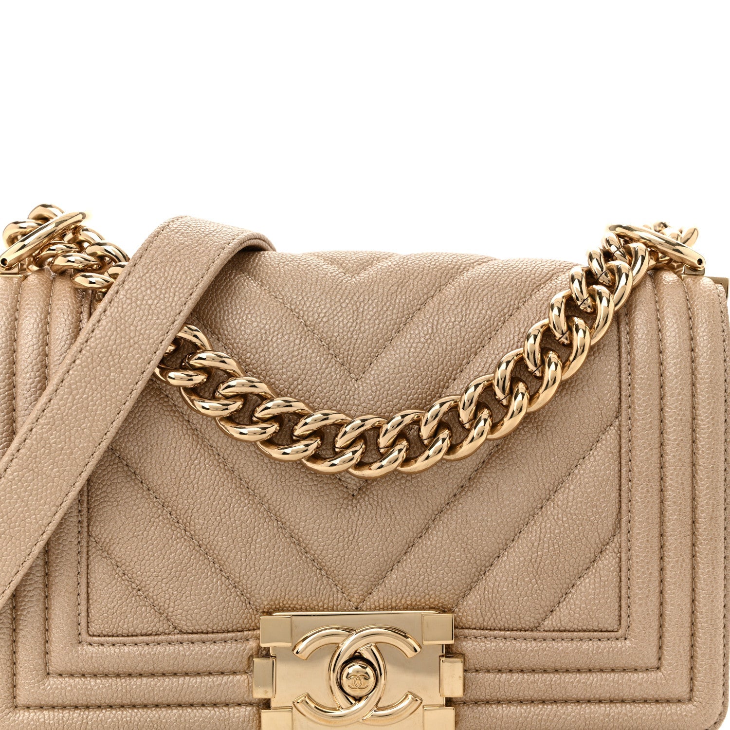 Iridescent Caviar Chevron Quilted Small Boy Flap Beige