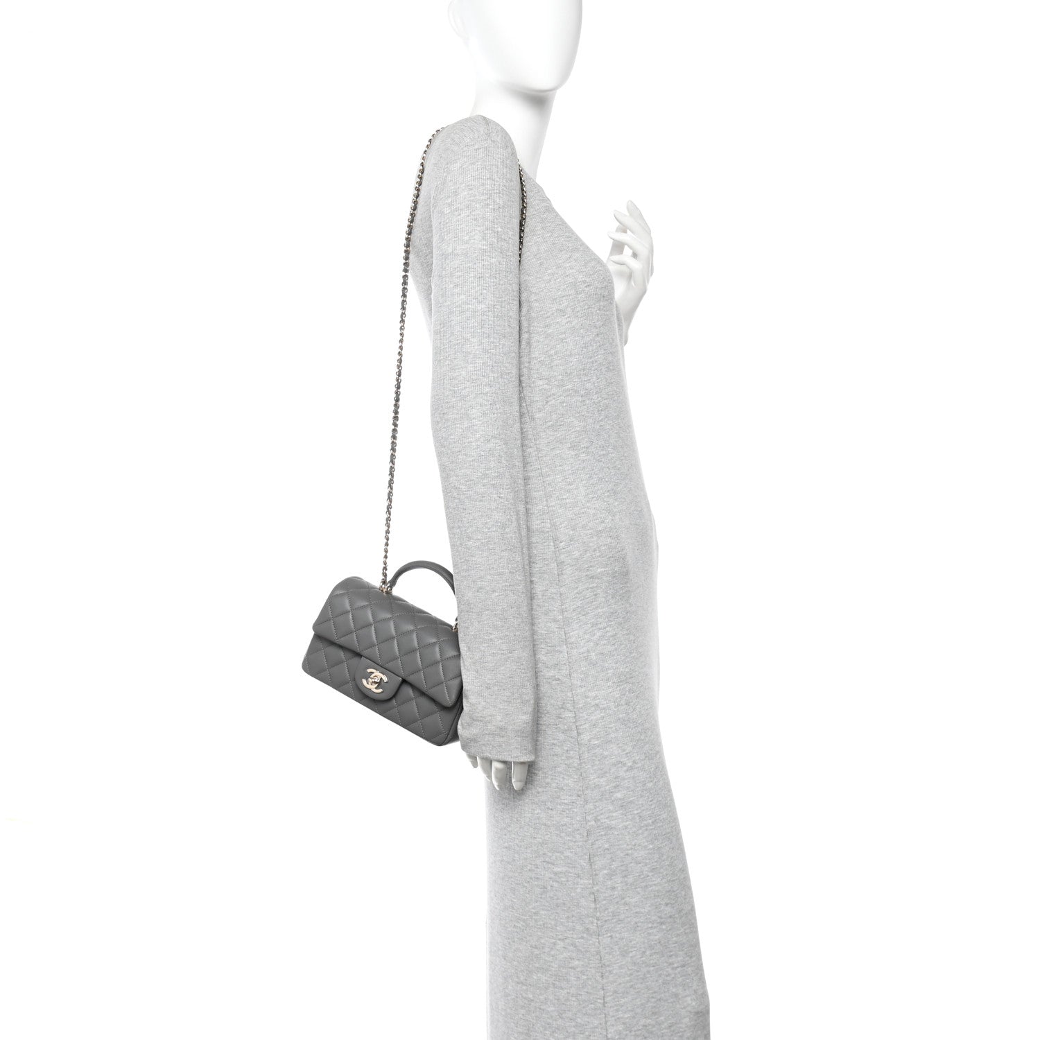 Lambskin Quilted Mini Top Handle Rectangular Flap Dark Grey