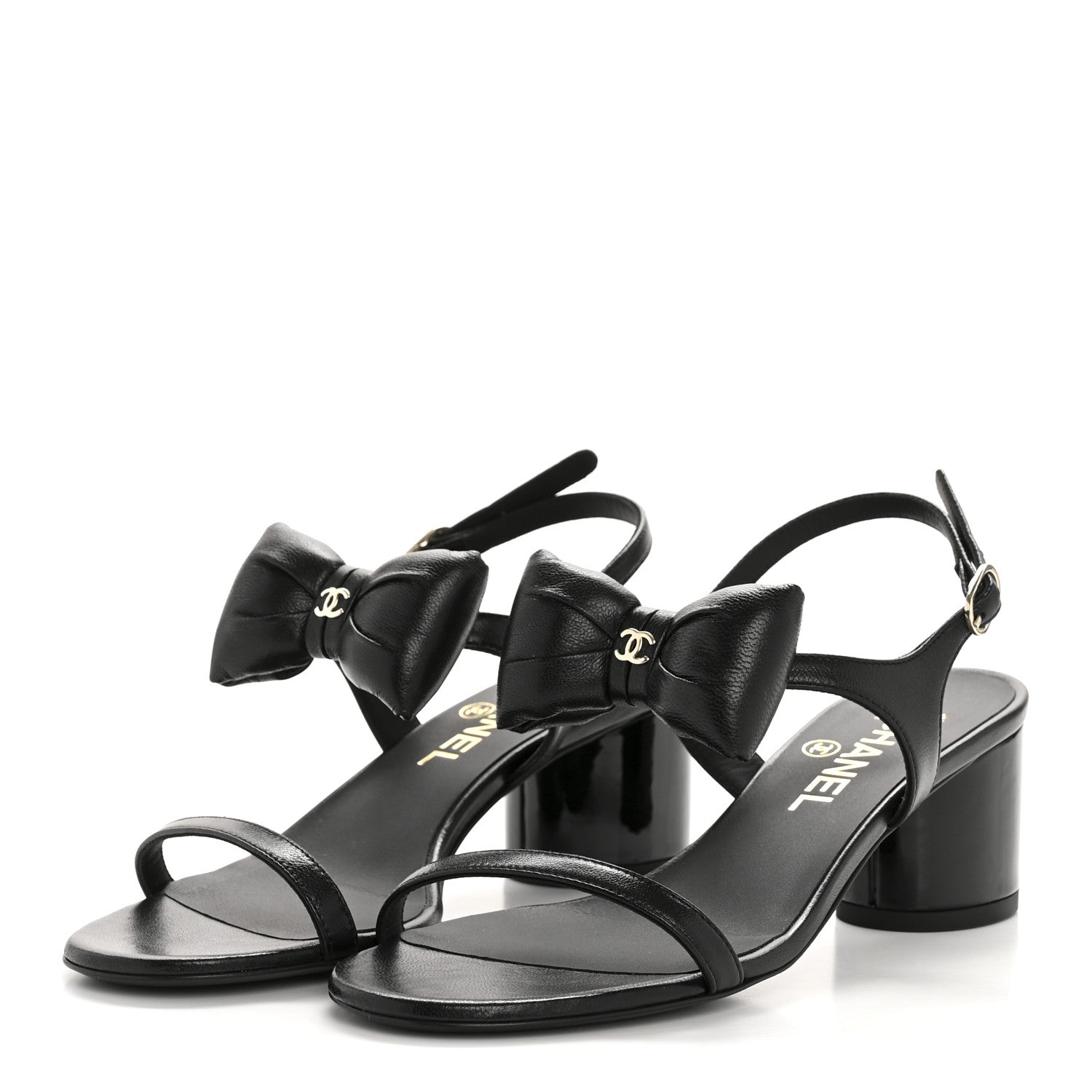 Lambskin CC Bow 55mm Sandals 36 Black